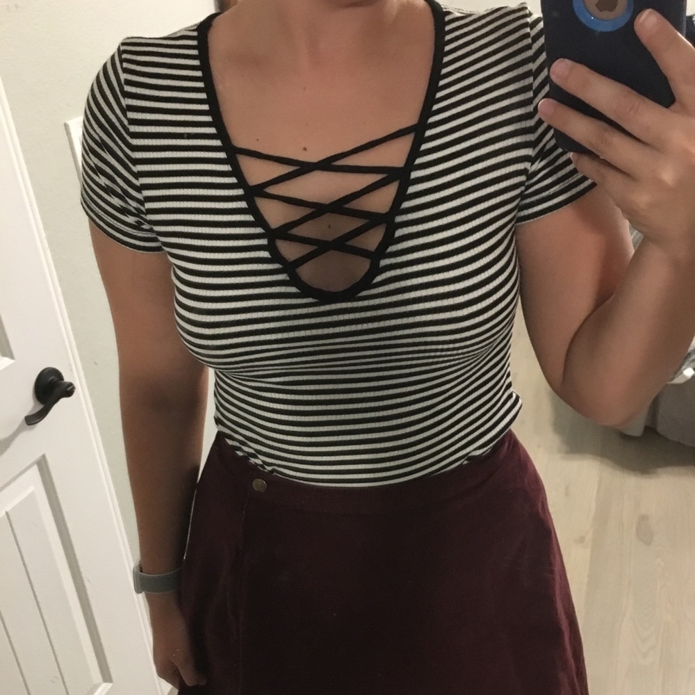 Black and white stripe v neck shirt
